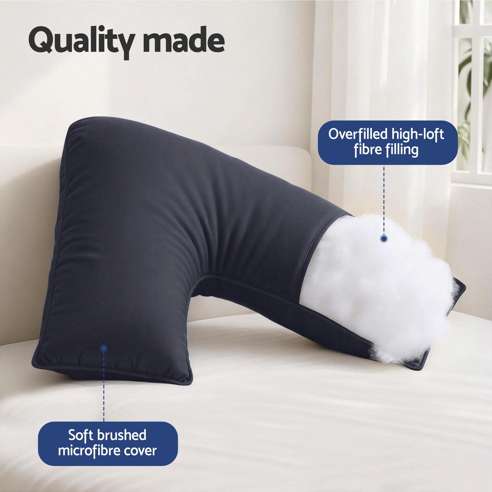 V Shape Pillow Boomerang Nursing Body Cushion Grey with soft brushed microfiber cover and high-loft fibre filling on bed
