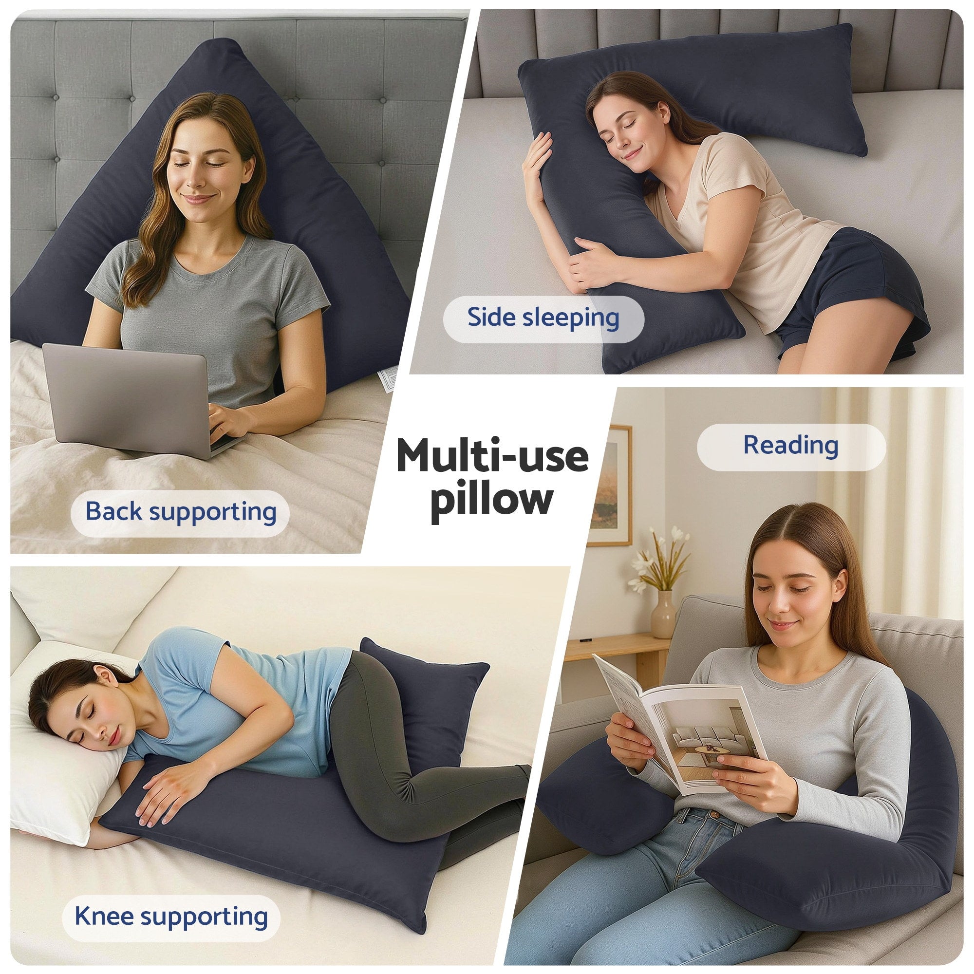 V Shape Pillow Boomerang Nursing Body Cushion Grey shown in multi-use positions for support and comfort in bedroom setting
