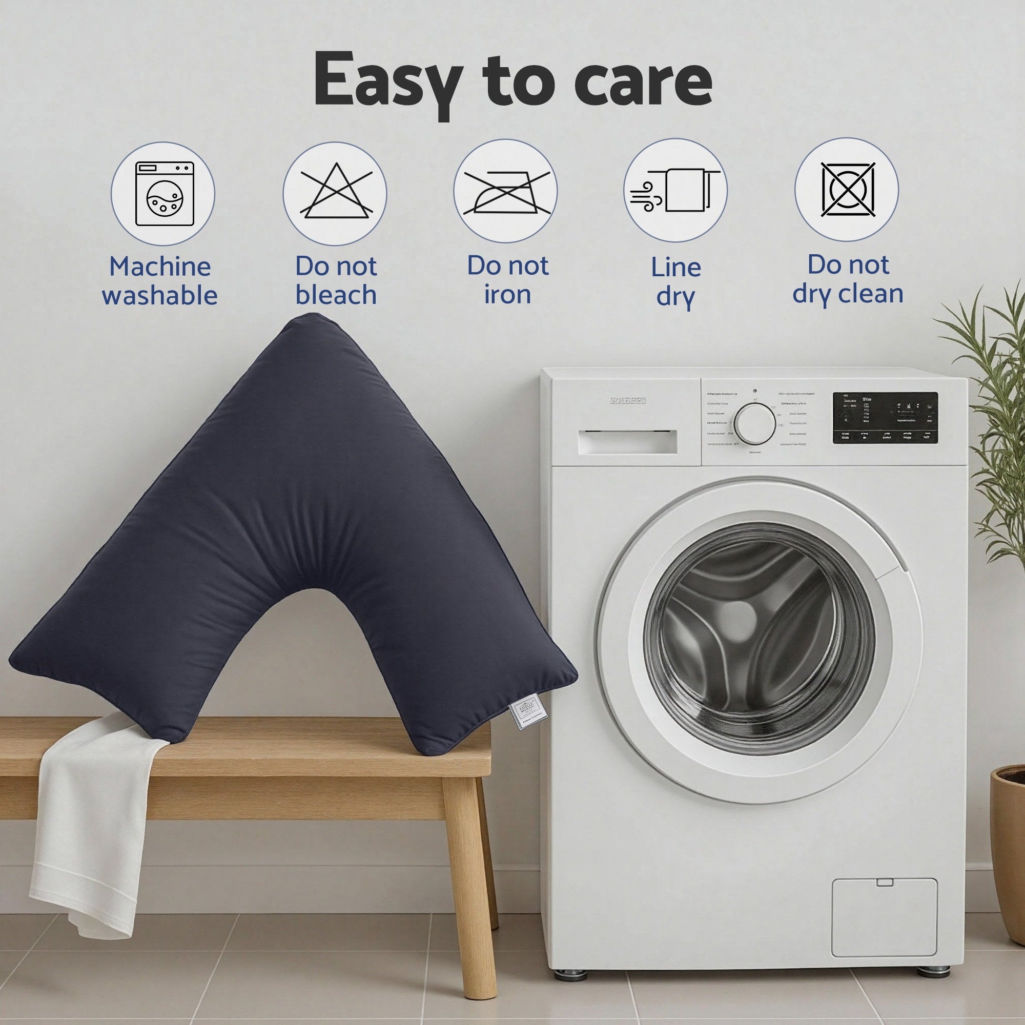 V Shape Pillow Boomerang Nursing Body Cushion Grey displayed next to washing machine with care instructions above