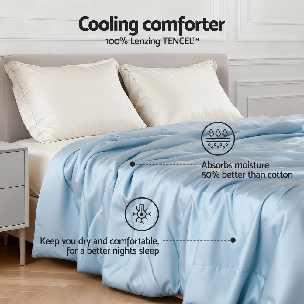 Tencel Quilt 200GSM Summer Quilts Comforter Doona Light Weight Soft Throw Blanket Double in blue on bed with white pillows