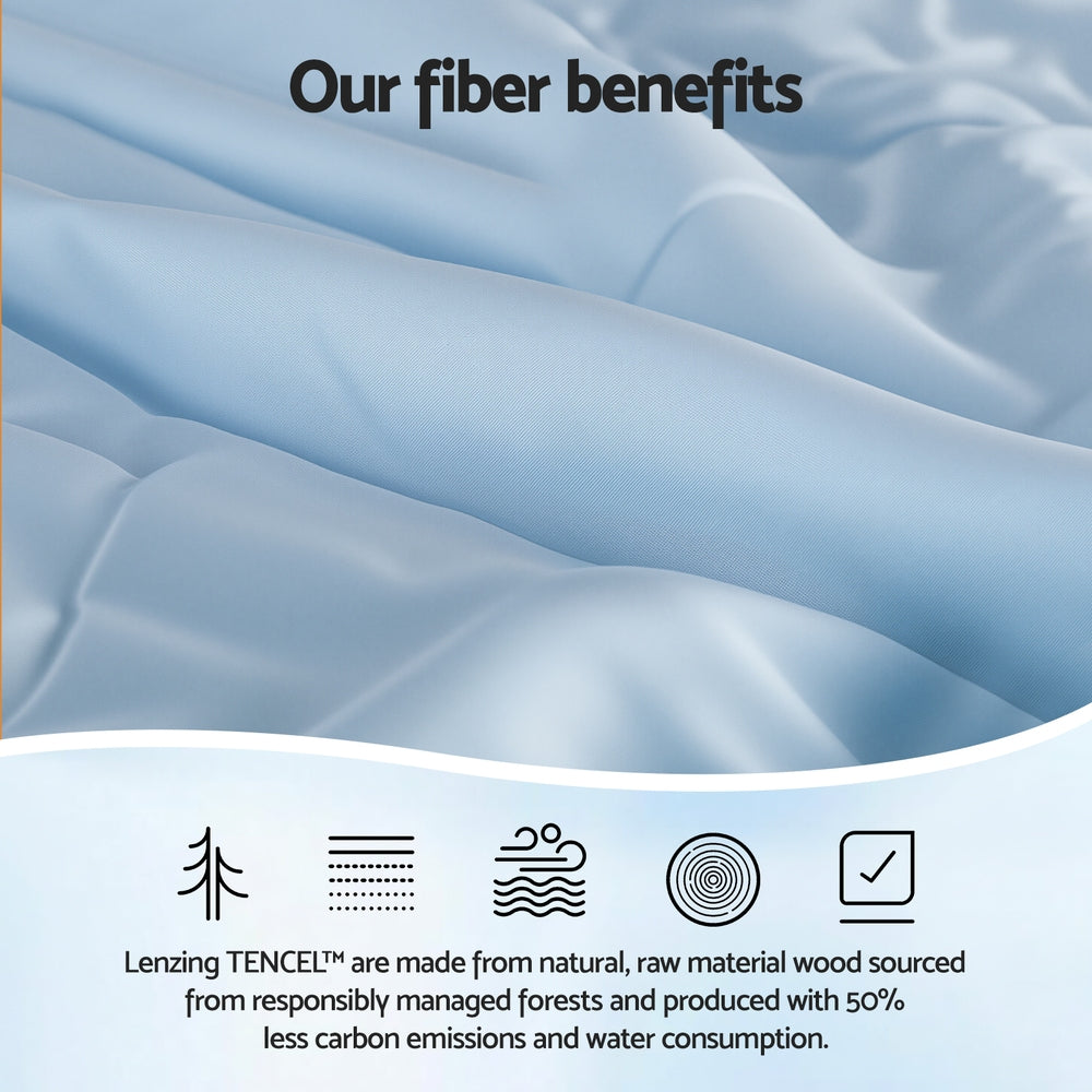 Close-up of light blue Tencel Quilt 200GSM Summer Quilts Comforter Doona Light Weight Soft Throw Blanket Double showing smooth fiber texture and benefits text