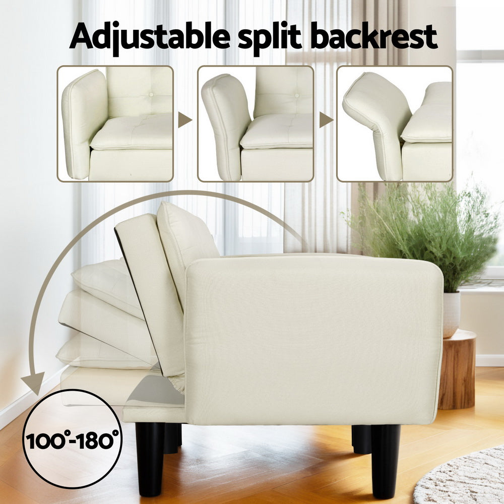 Sofa Bed 192CM Beige Faux Linen Fabric