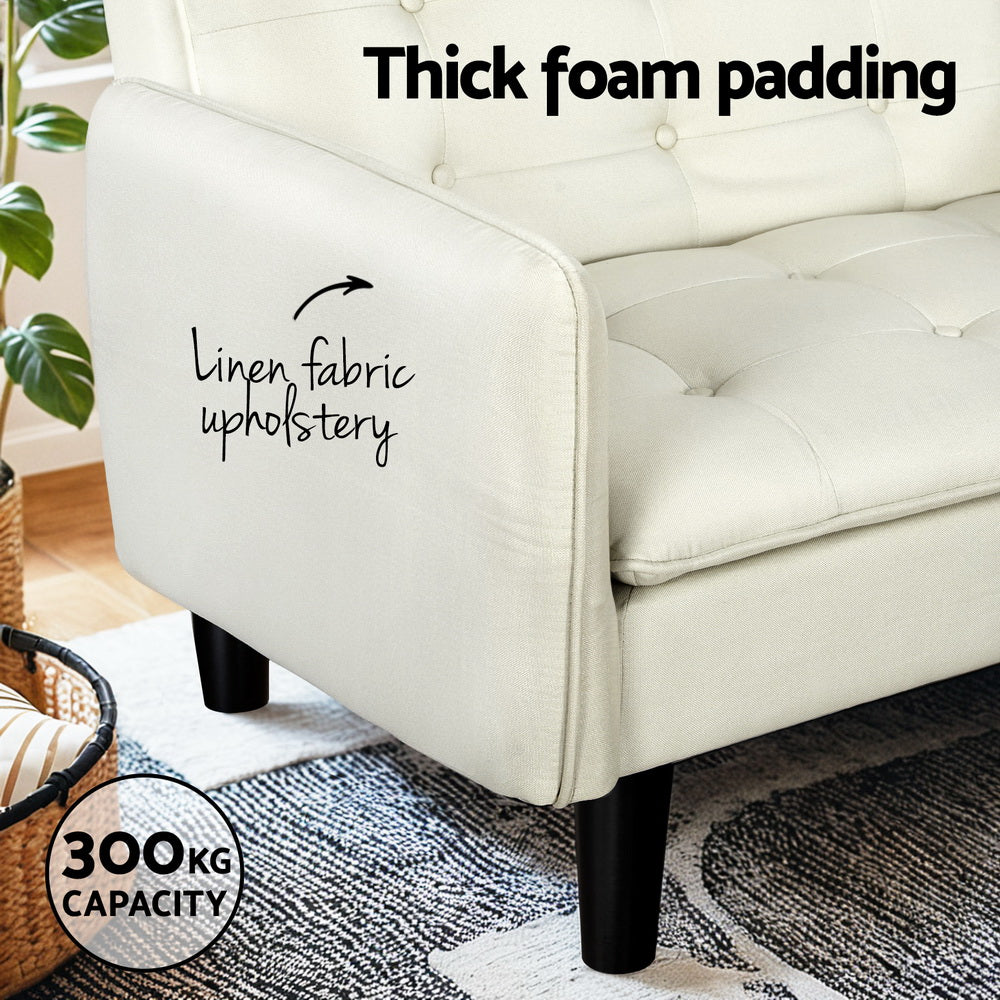 Sofa Bed 192CM Beige Faux Linen Fabric