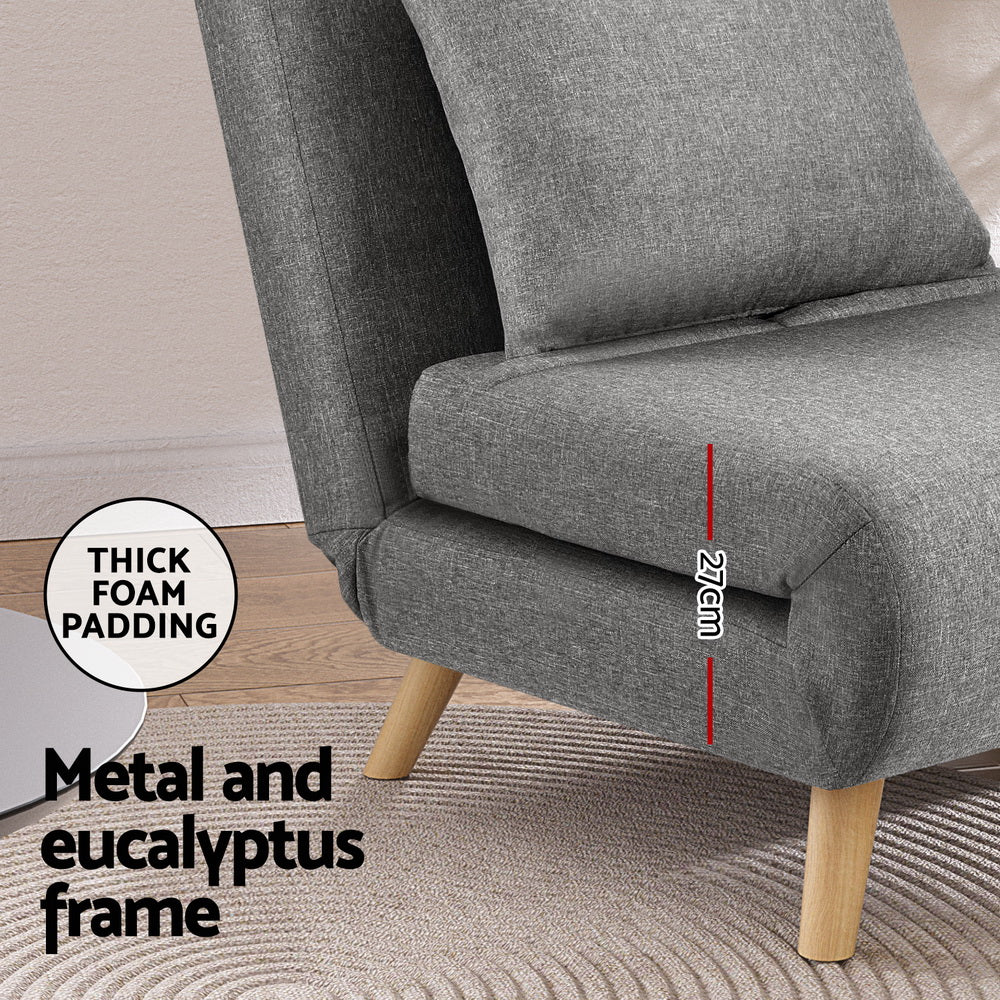 Close-up of thick foam padded seat with wooden legs on Sofa Bed Convertible Couch Recliner Lounge Chair Linen Grey