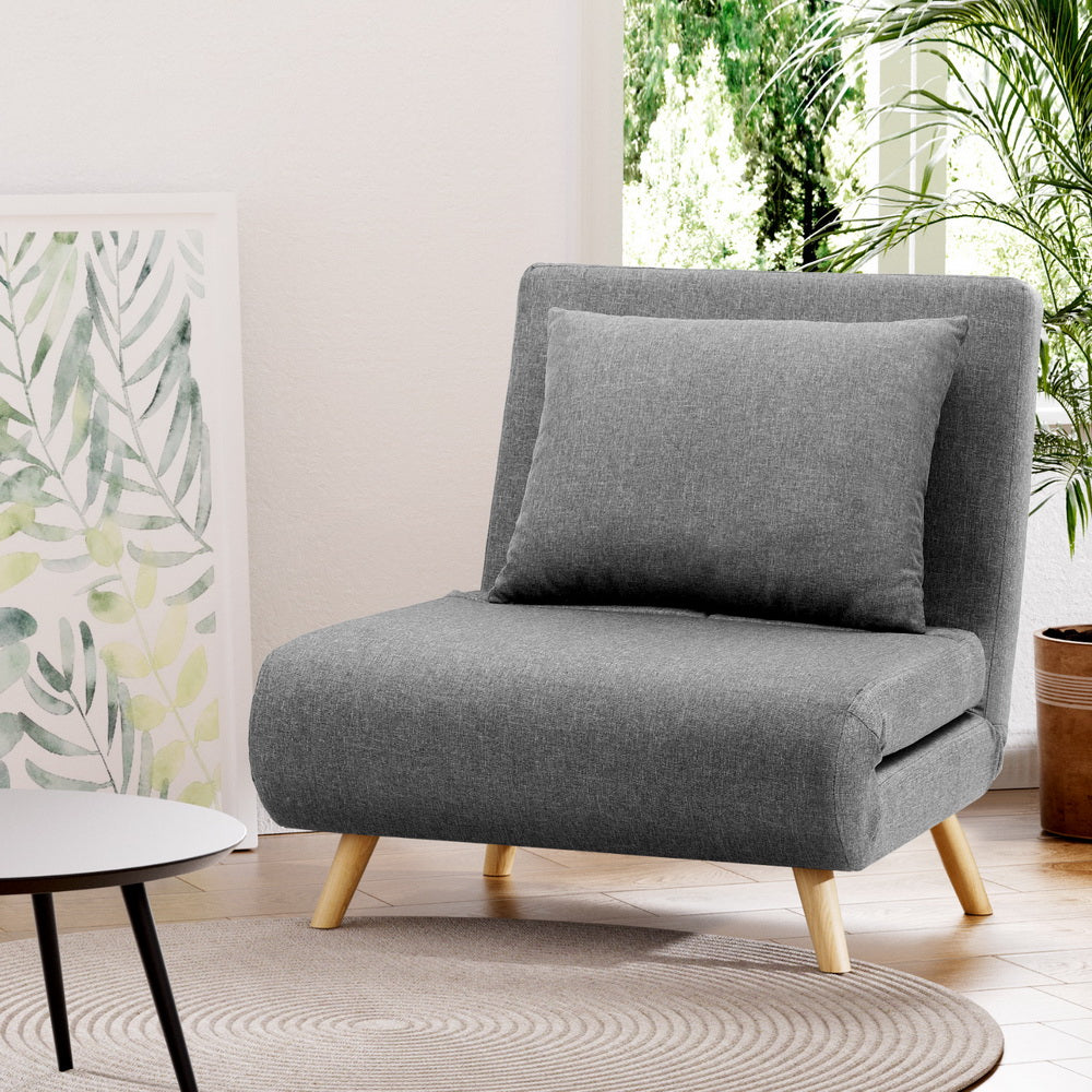 Sofa Bed Convertible Couch Recliner Lounge Chair Linen Grey with wooden legs and matching cushion in bright room setting