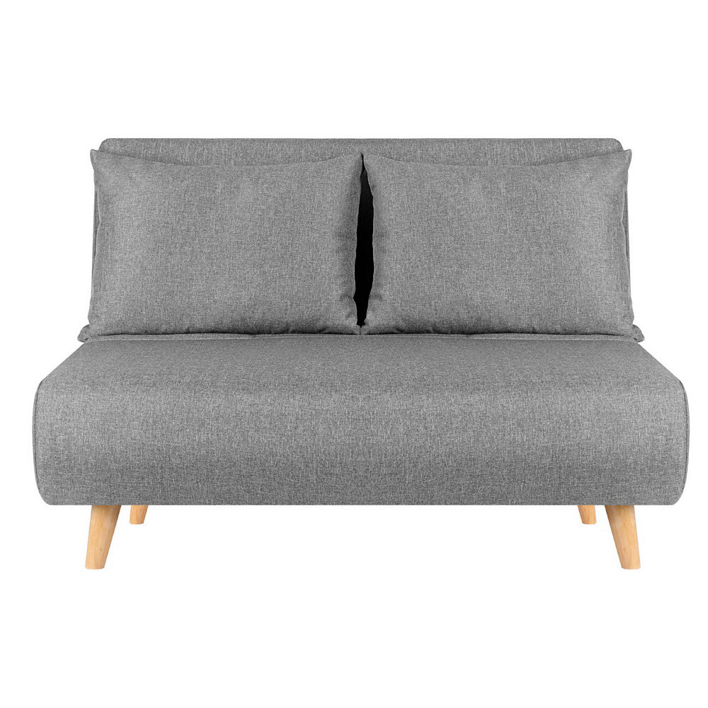 Sofa Bed 2 Seater Convertible Couch Recliner Lounge Chair Linen in gray fabric with wooden legs on white background