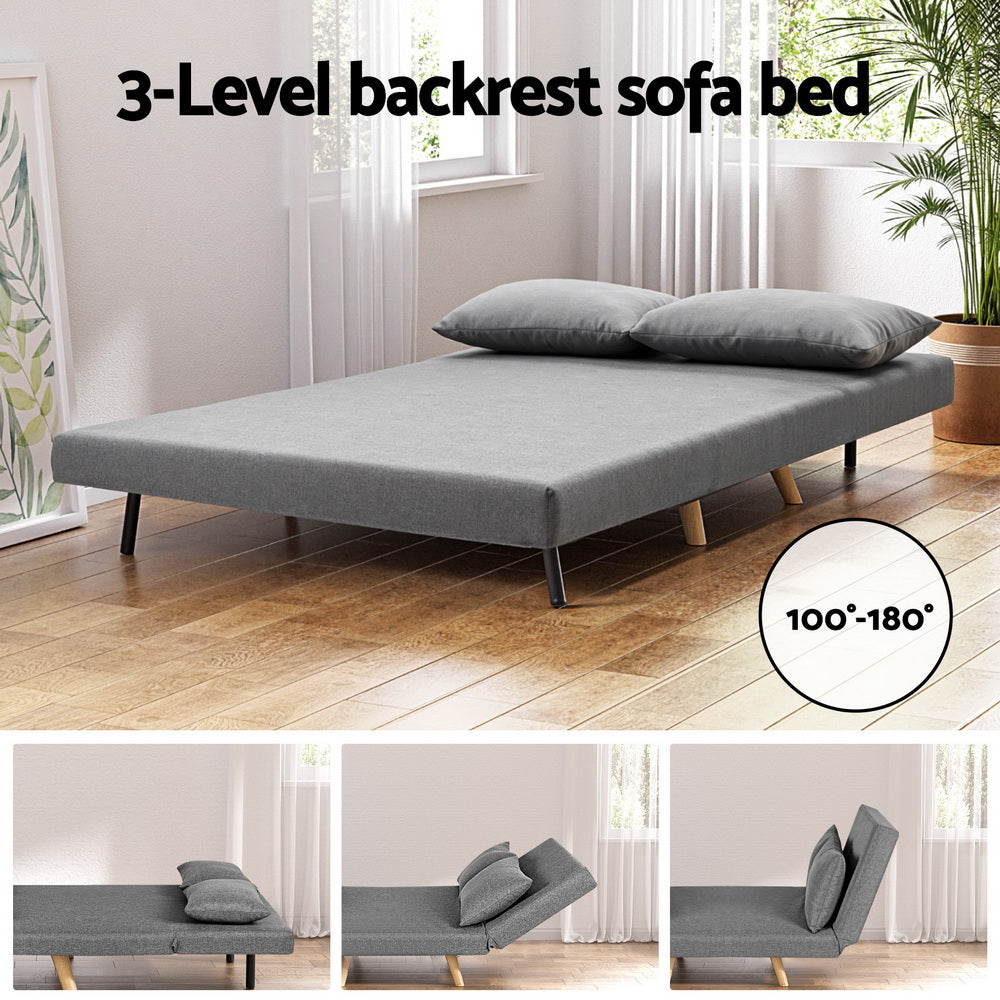 Sofa Bed 2 Seater Convertible Couch Recliner Lounge Chair Linen in gray shown in flat and reclined positions with pillows on wooden floor