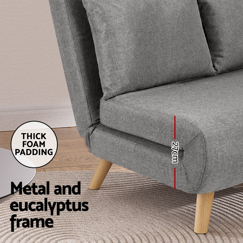 Close-up of Sofa Bed 2 Seater Convertible Couch Recliner Lounge Chair Linen with thick foam padding and wooden legs on rug background