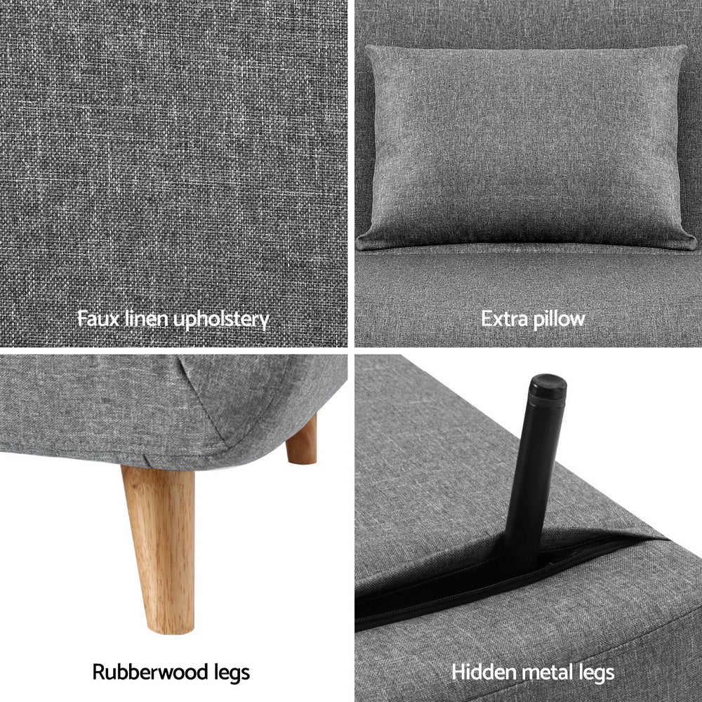 Close-up of gray faux linen upholstery, extra pillow, rubberwood legs, and hidden metal legs on Sofa Bed 2 Seater Convertible Couch Recliner Lounge Chair Linen