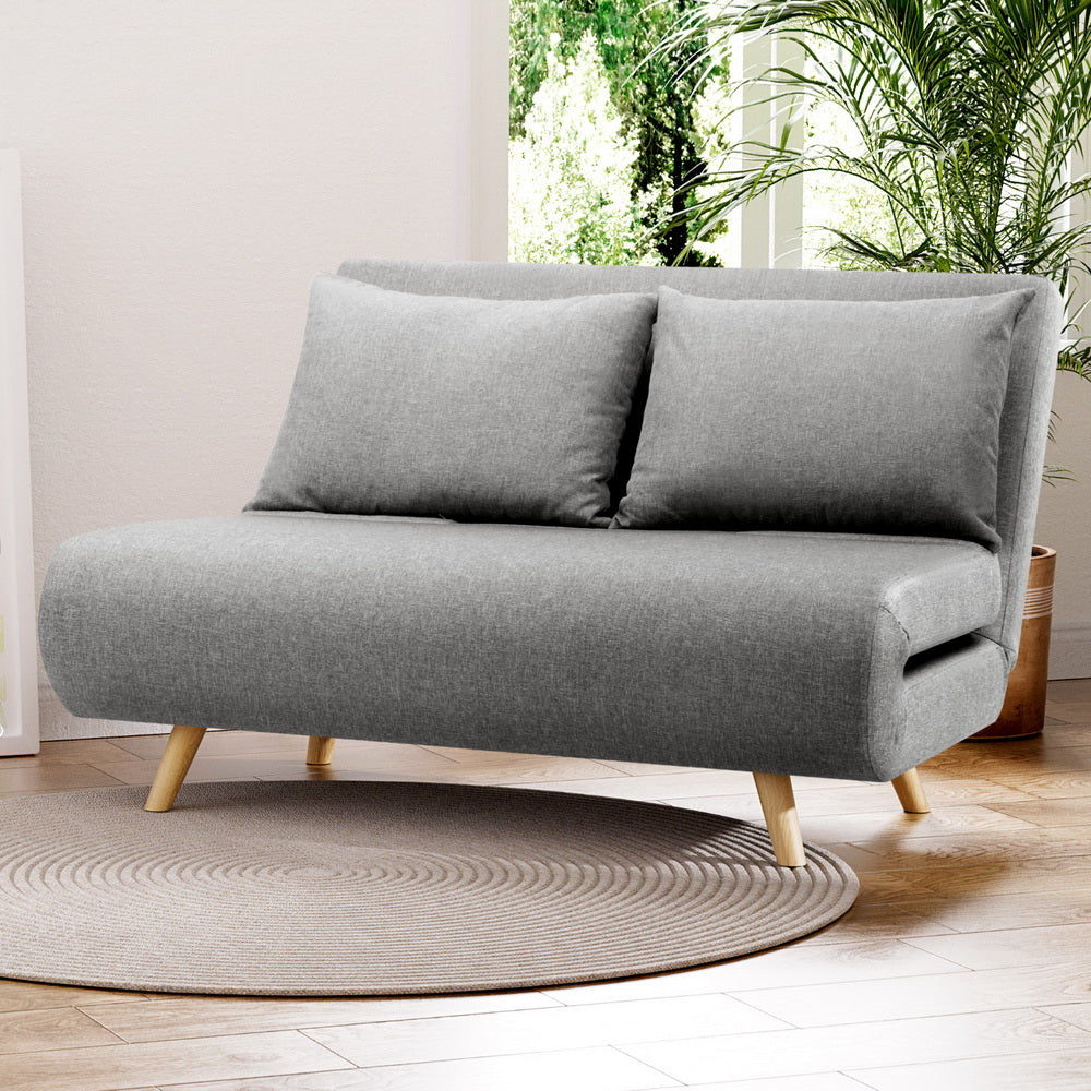 Sofa Bed 2 Seater Convertible Couch Recliner Lounge Chair Linen in gray with wooden legs, shown in bright living room setting
