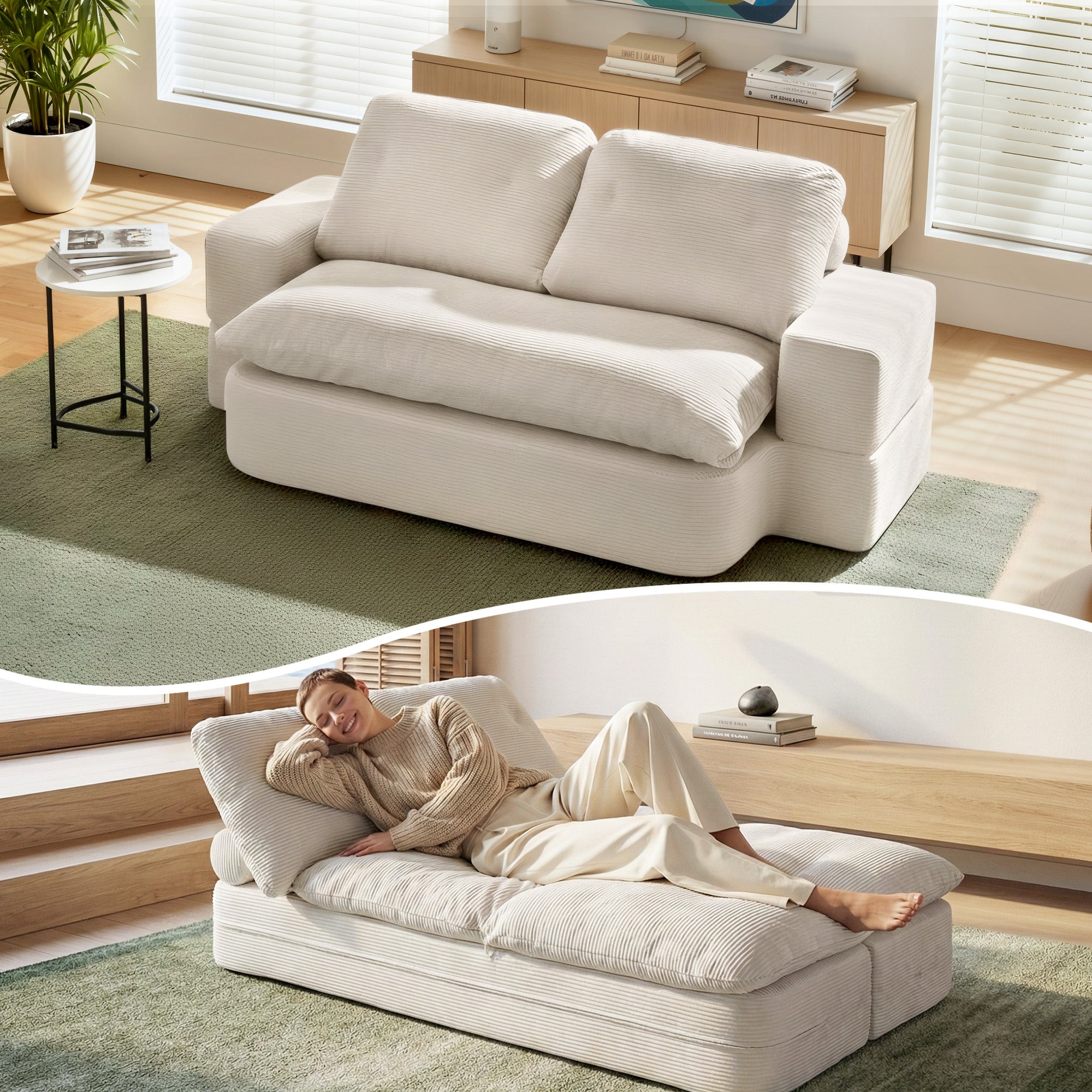 Convertible Folding Sofa Bed 30D High-Density Foam Boneless Couch with Corduroy Sleeper Couch Lounger for Living Room Beign
