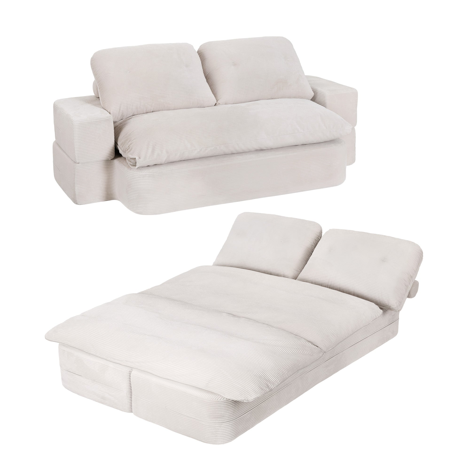 Convertible Folding Sofa Bed 30D High-Density Foam Boneless Couch with Corduroy Sleeper Couch Lounger for Living Room Beign