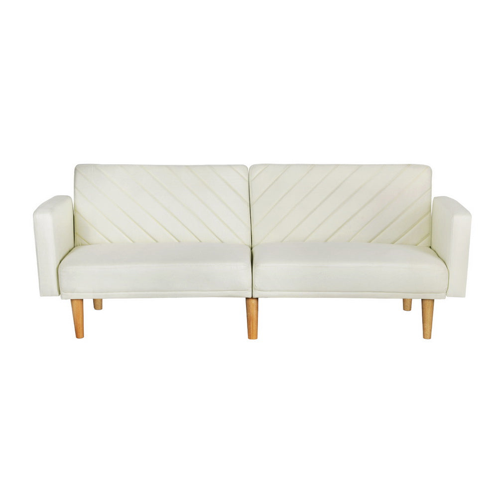 Sofa Bed 195CM Beige Faux Linen with diagonal stitch pattern, wooden legs, and minimalist armrests on white background