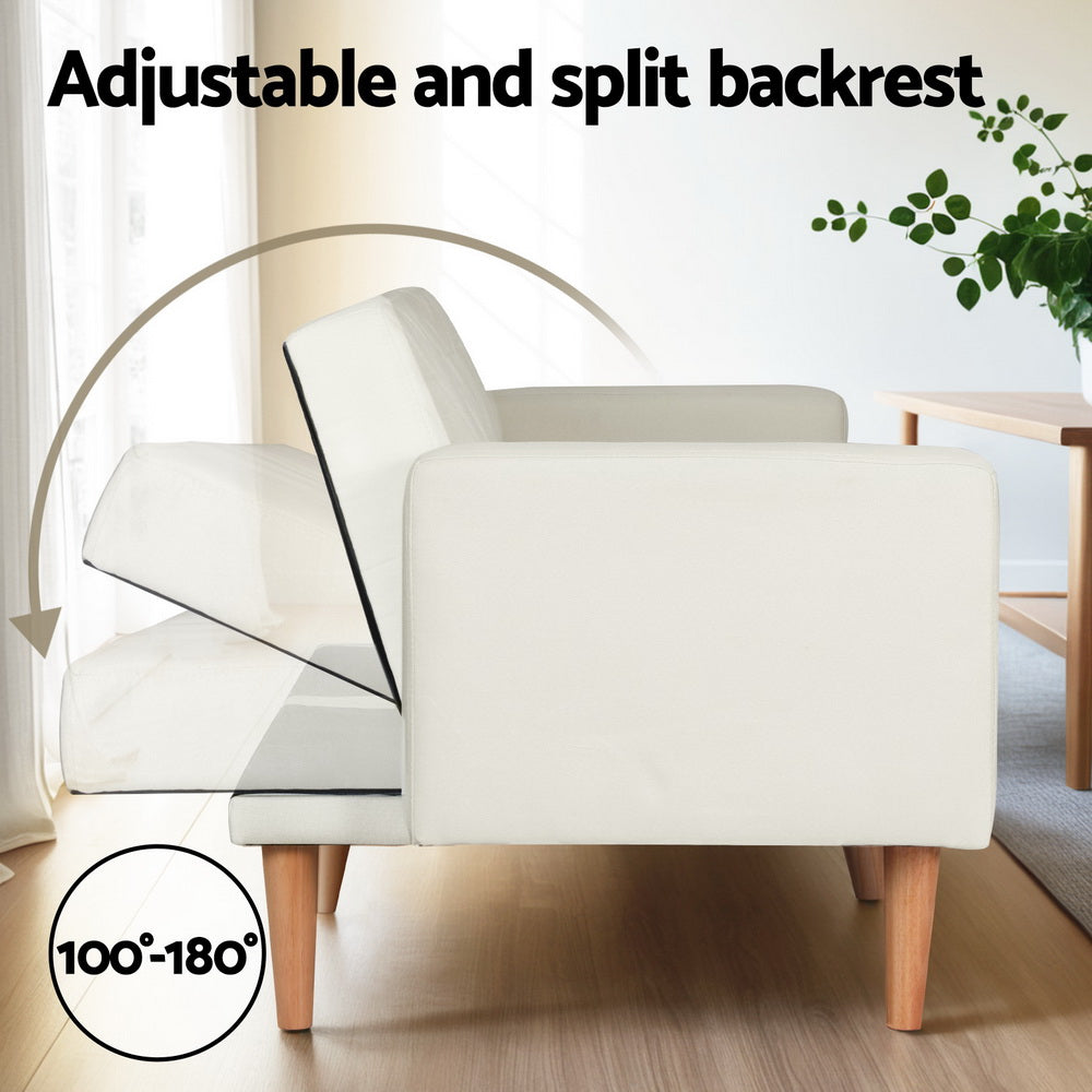 Sofa Bed 195CM Beige Faux Linen side view showing adjustable split backrest with wooden legs in a living room setting