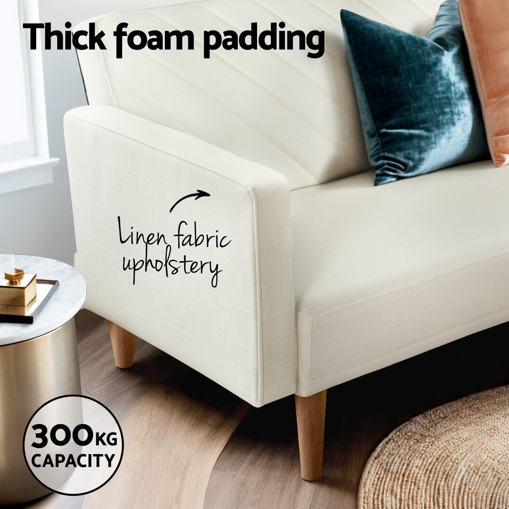 Sofa Bed 195CM Beige Faux Linen with thick foam padding, linen fabric upholstery, wooden legs, and 300kg capacity.