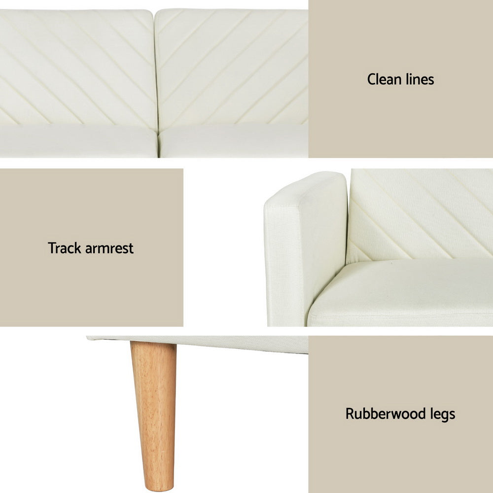 Sofa Bed 195CM Beige Faux Linen with clean lines, track armrest, and rubberwood legs in beige fabric upholstery