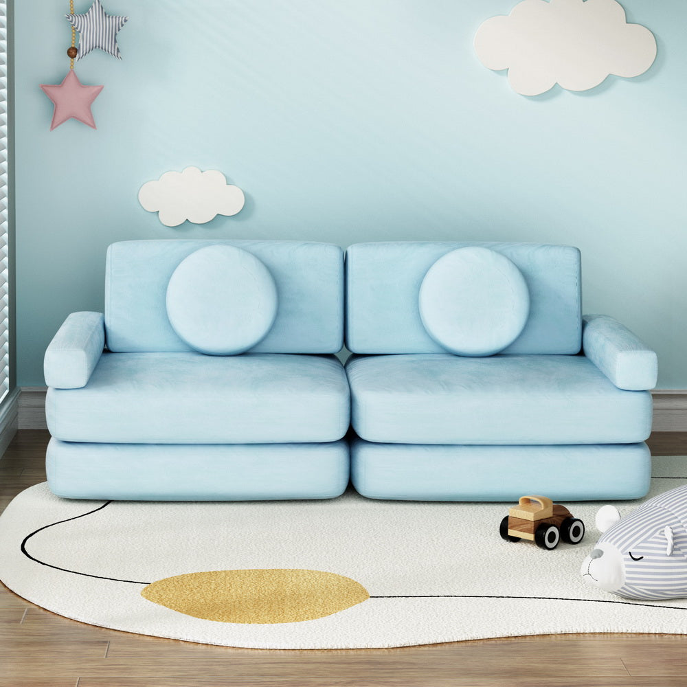 Sofa Bed 160CM DIY Couch Velvet Blue with modular design in light blue velvet, shown in playful room setting with toys.