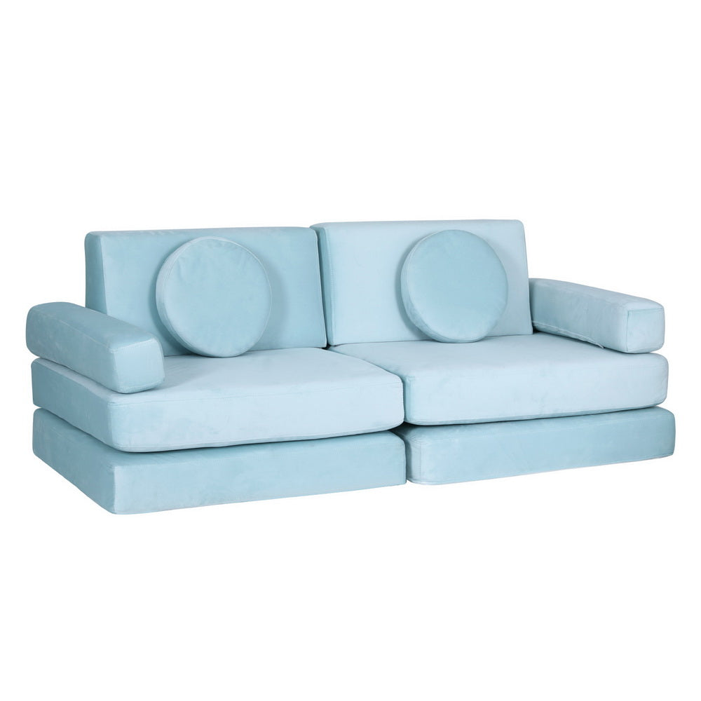 Sofa Bed 160CM DIY Couch Velvet Blue with modular cushions, armrests, and round pillows for versatile living room seating