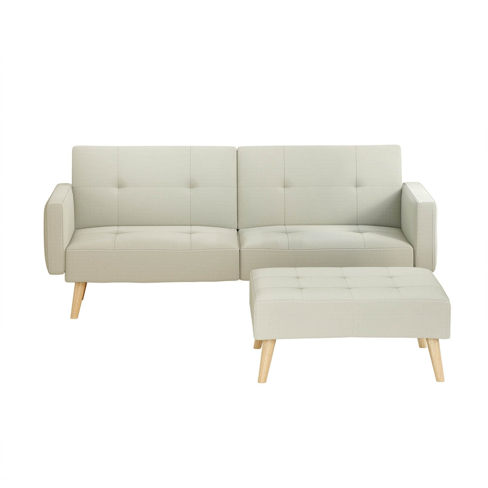 Sofa Bed Ottoman 200CM Beige Faux Linen with tufted cushions and wooden legs, shown with matching ottoman on white background