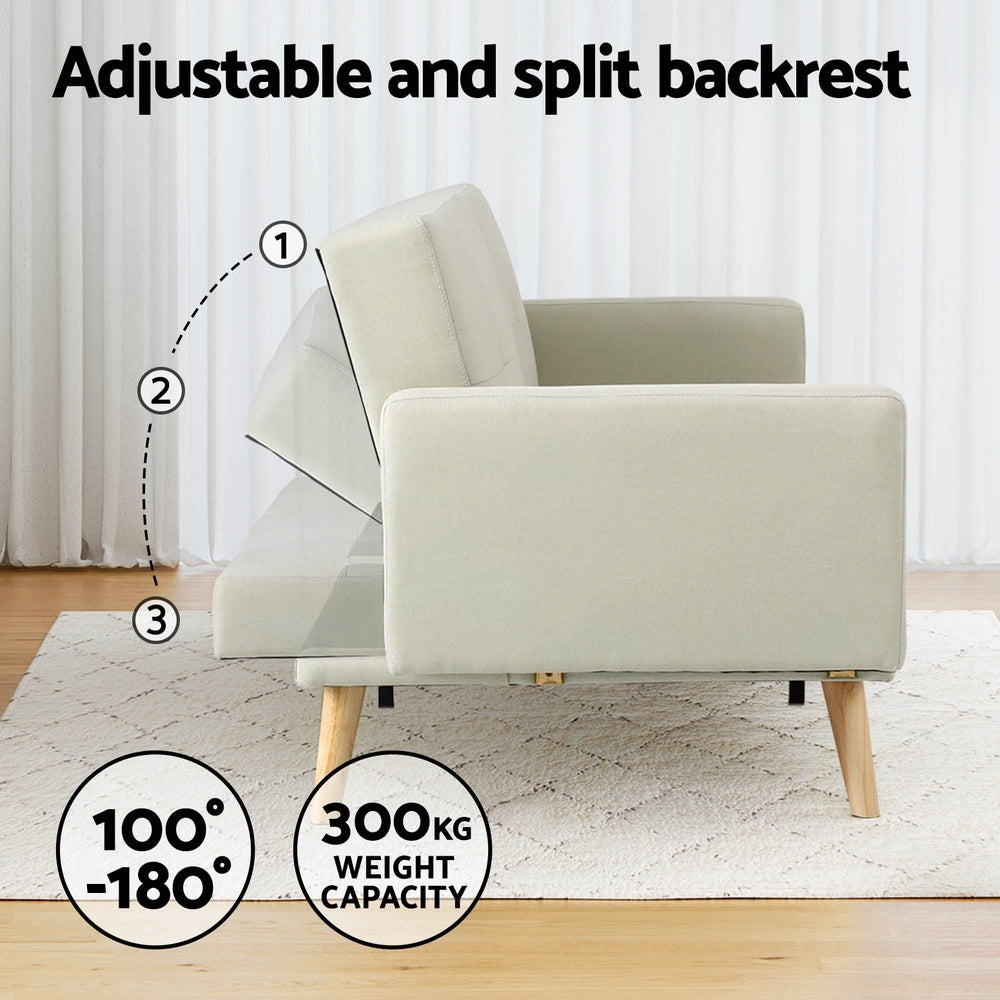 Sofa Bed Ottoman 200CM Beige Faux Linen with adjustable split backrest and wooden legs on a white patterned rug