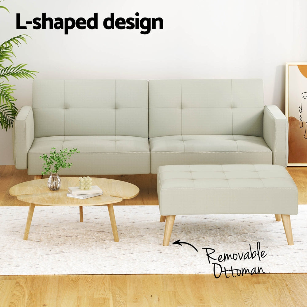 Sofa Bed Ottoman 200CM Beige Faux Linen with L-shaped design, removable ottoman, and wooden legs on light rug and floor