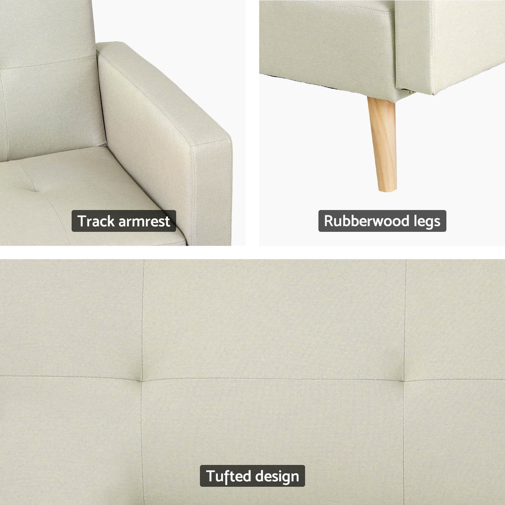 Sofa Bed Ottoman 200CM Beige Faux Linen with track armrest, rubberwood legs, and tufted beige upholstery design