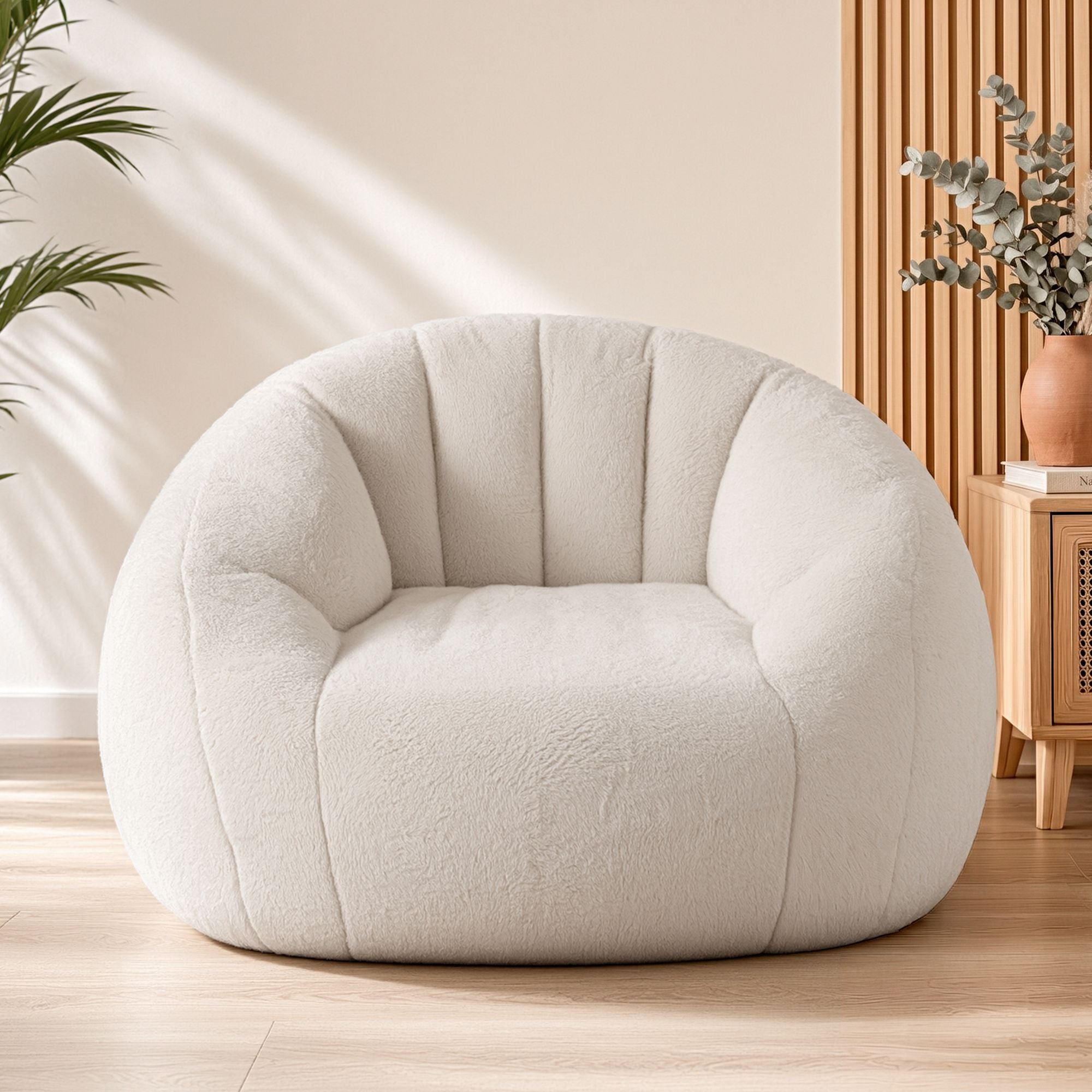 Single Small Boneless Comfy Bean Bag Couch with Faux Fur - White