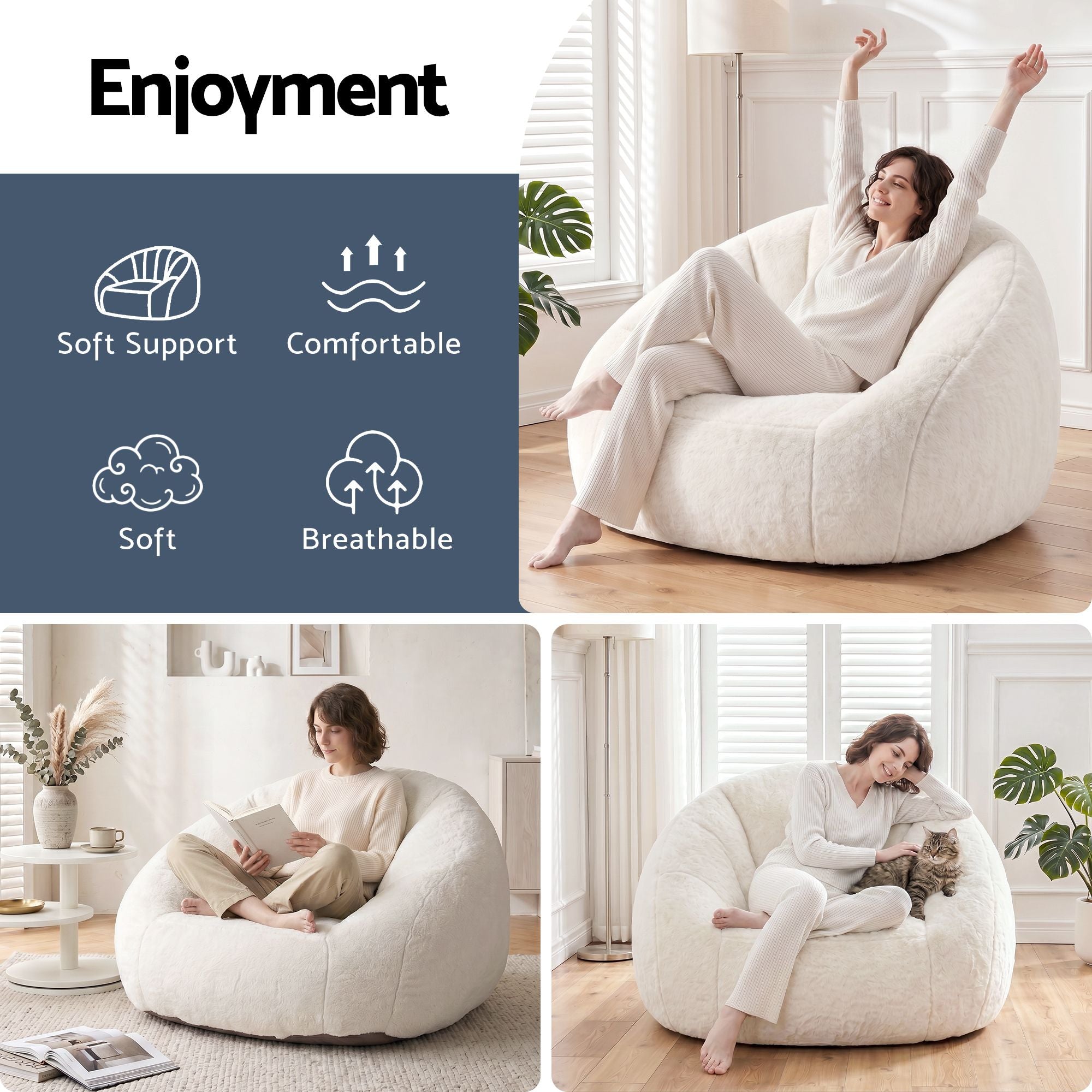 Single Small Boneless Comfy Bean Bag Couch with Faux Fur - White