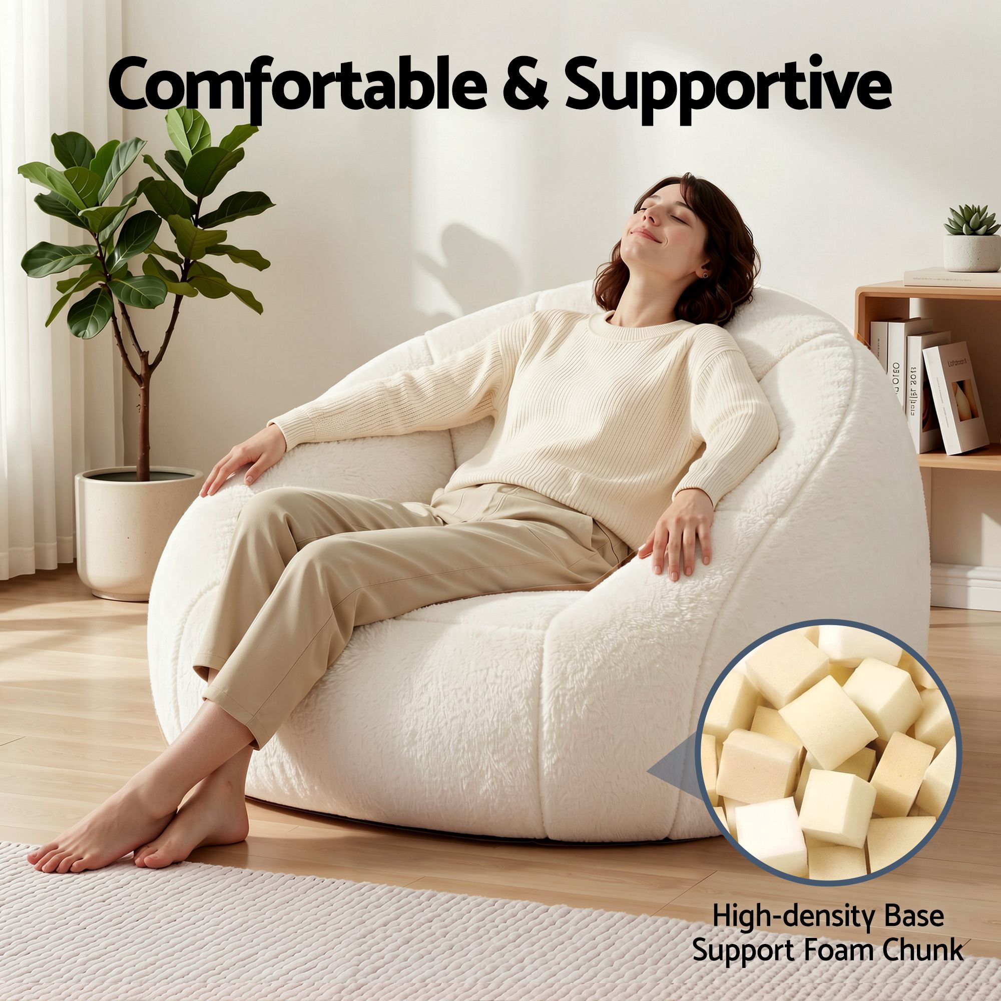 Single Small Boneless Comfy Bean Bag Couch with Faux Fur - White