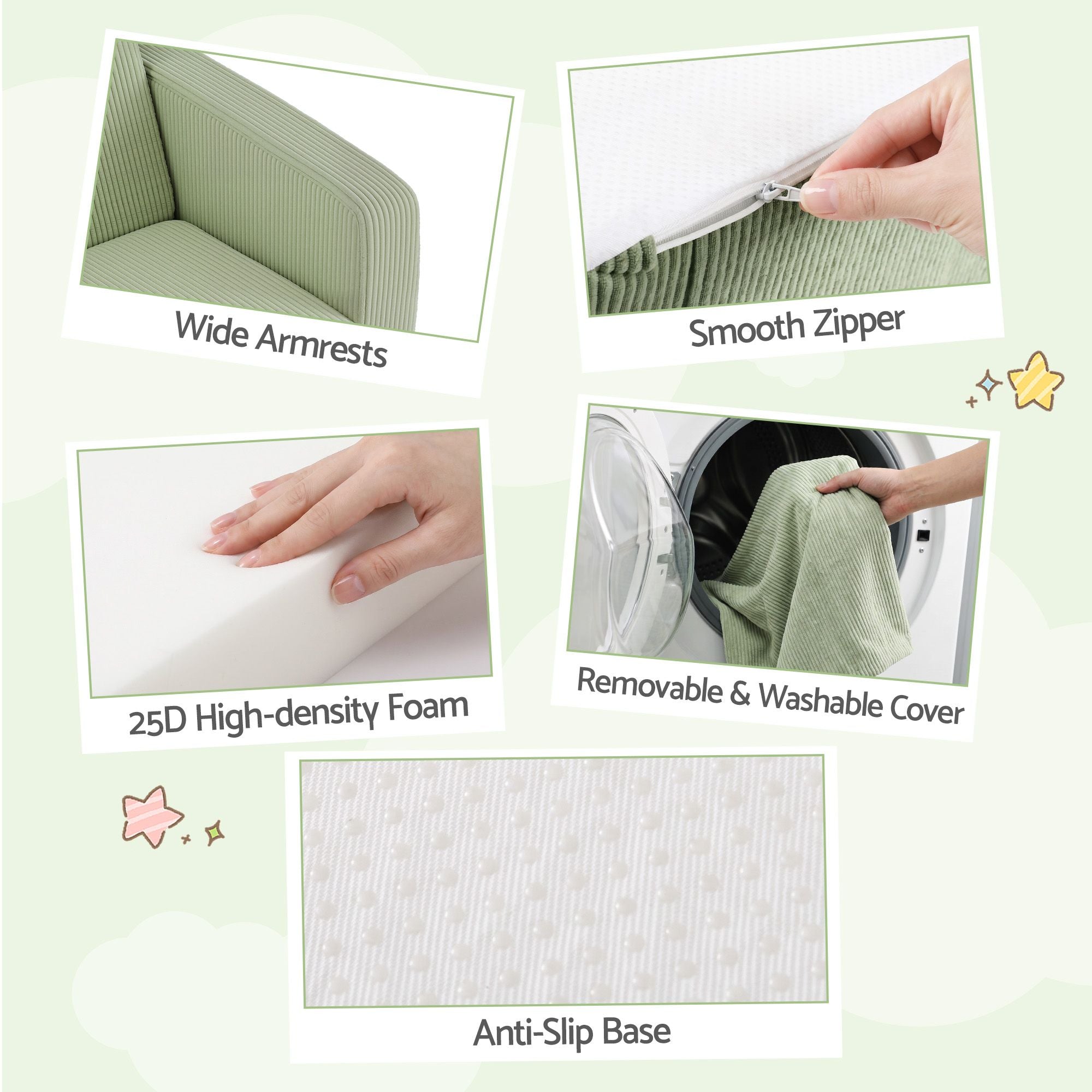 2-in-1 Foam Sofa Couch with Side Pocket - Light Green