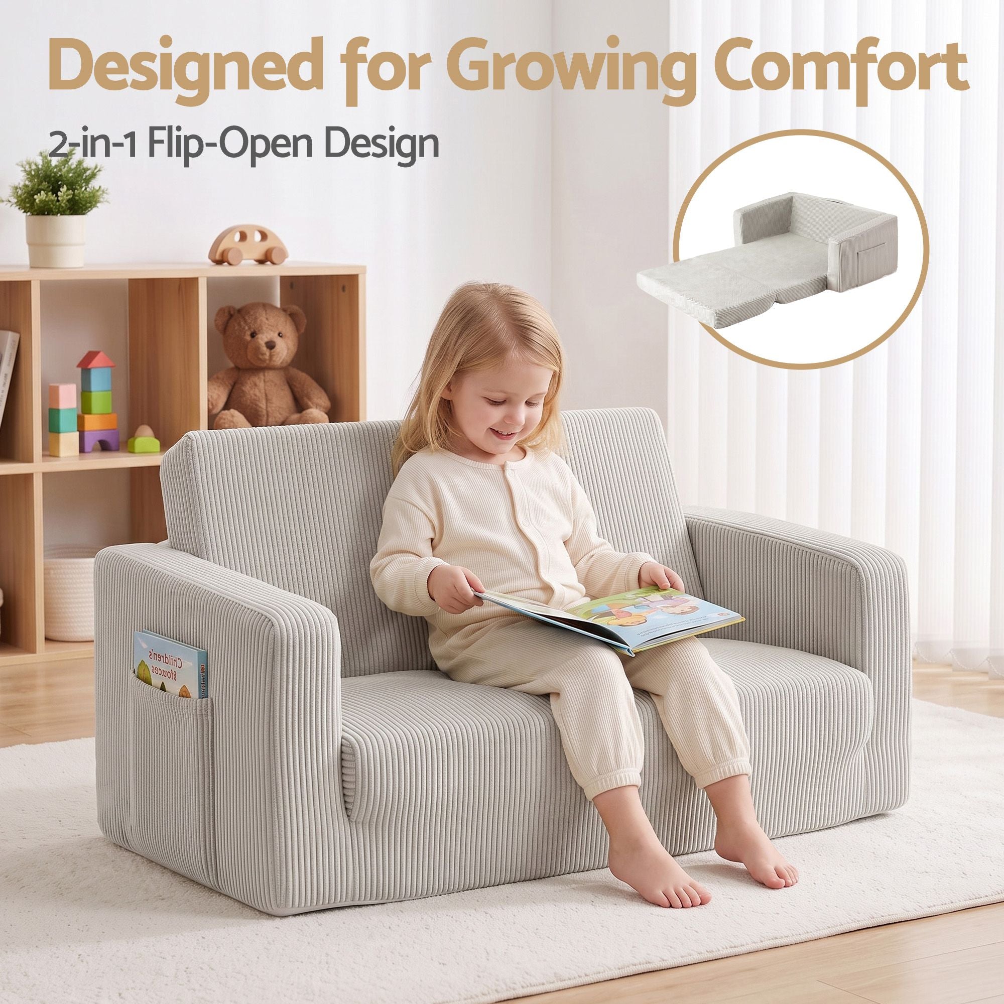 2-in-1 Foam Sofa Couch with Side Pocket - Light Grey
