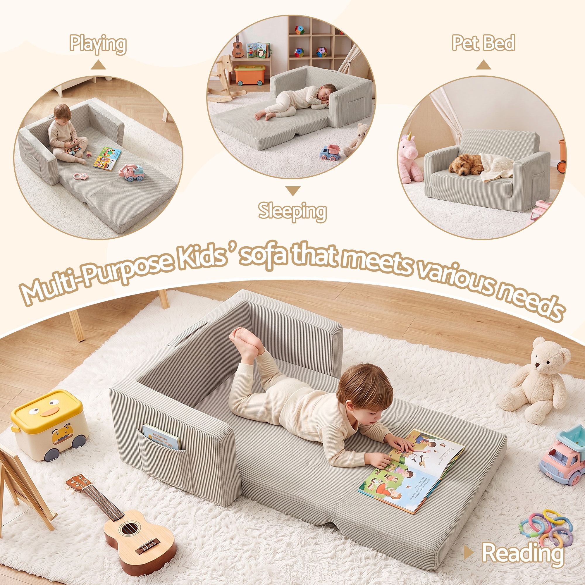 2-in-1 Foam Sofa Couch with Side Pocket - Light Grey