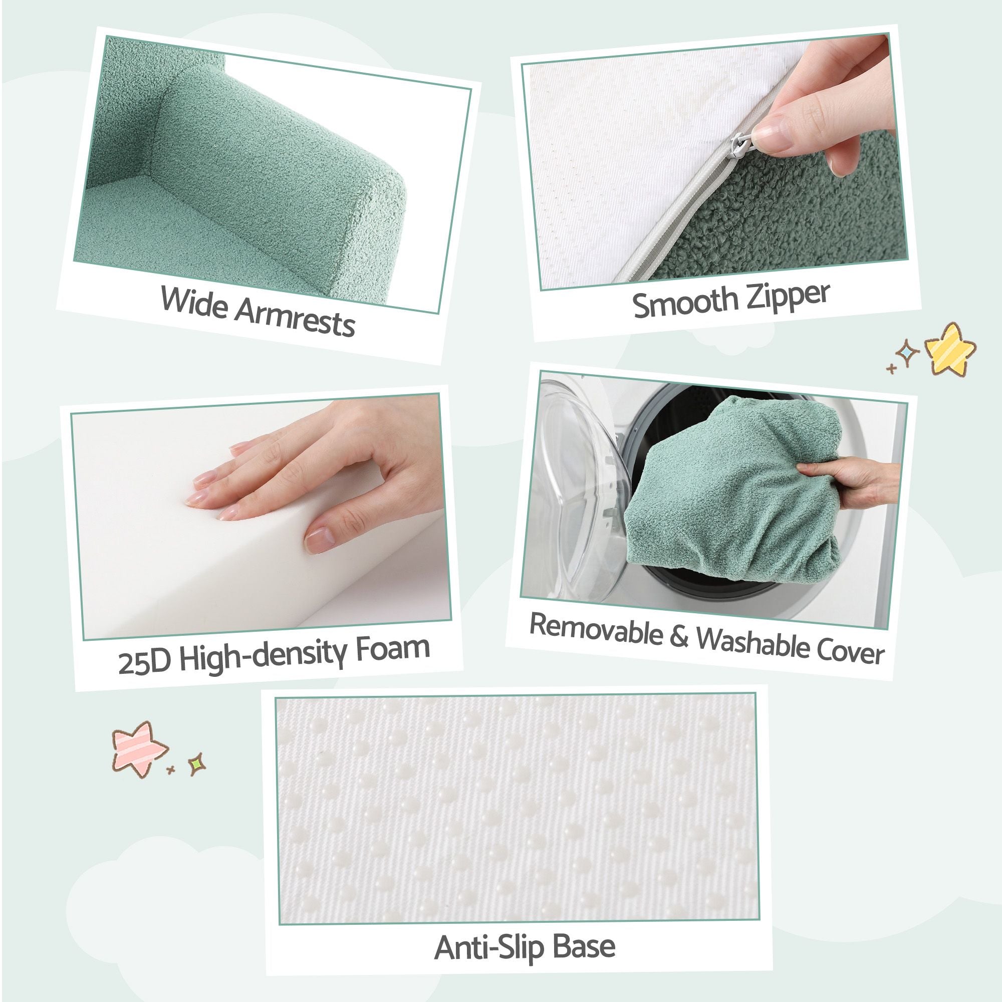 Foam Kids Sofa with Carry Handle and Removable Cover - Mint Green