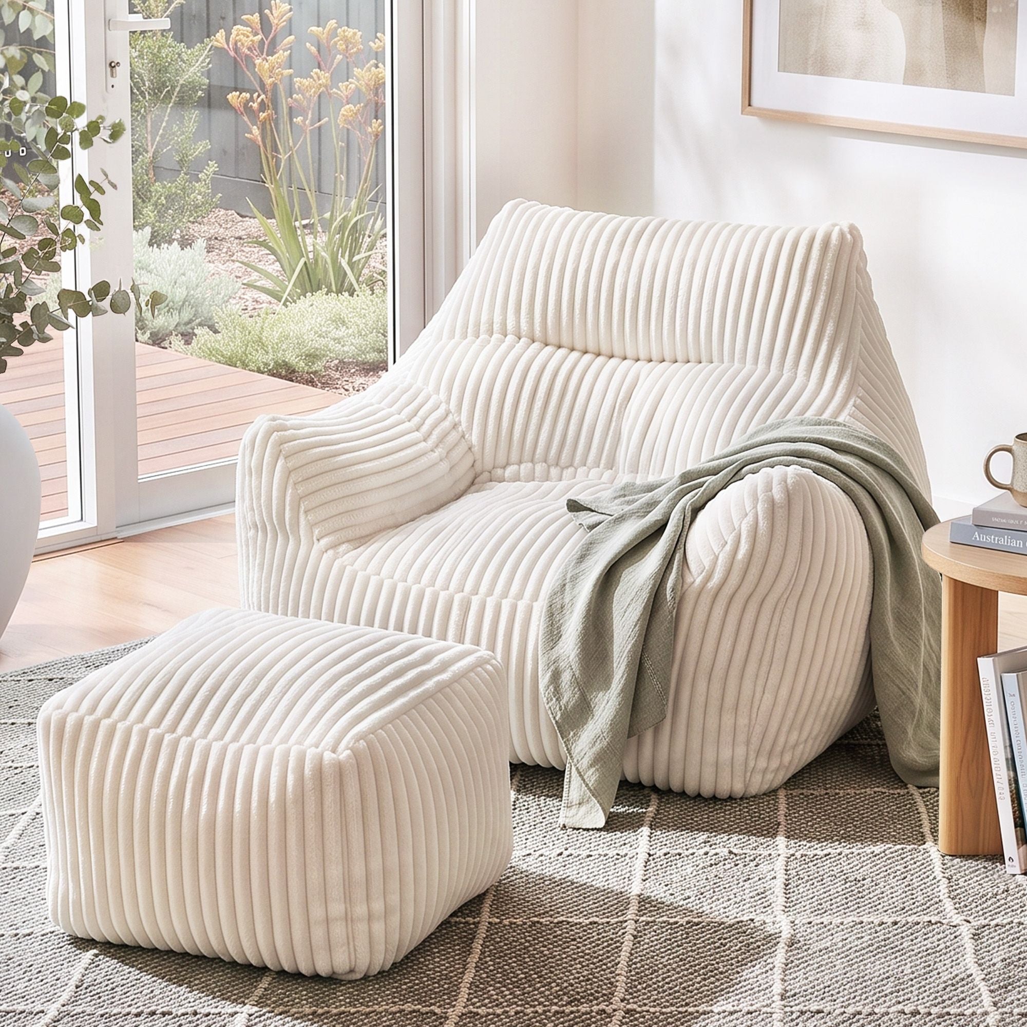 Bean Bag Sofa w/Ottoman Corduroy for Adults Teens White