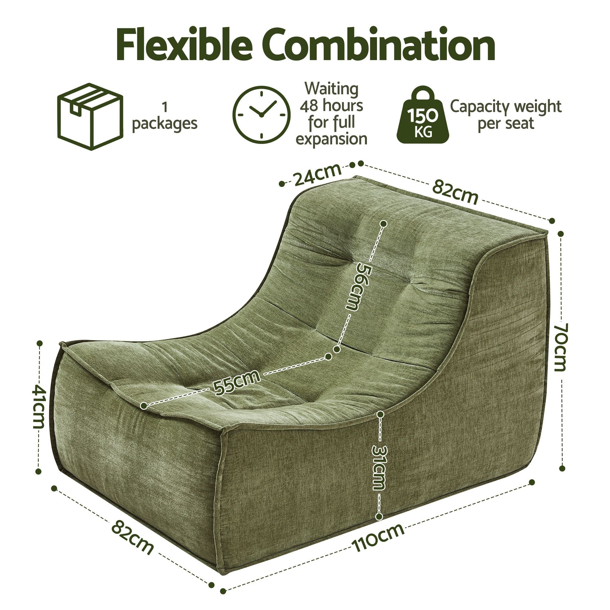 Artss Floor Sofa Armless Chenille No Assembly Removable Cover Green