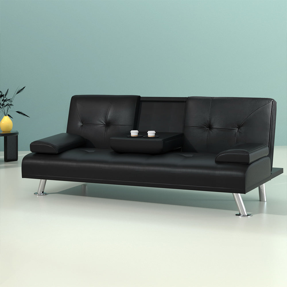 3 Seater PU Leather Sofa Bed - Black