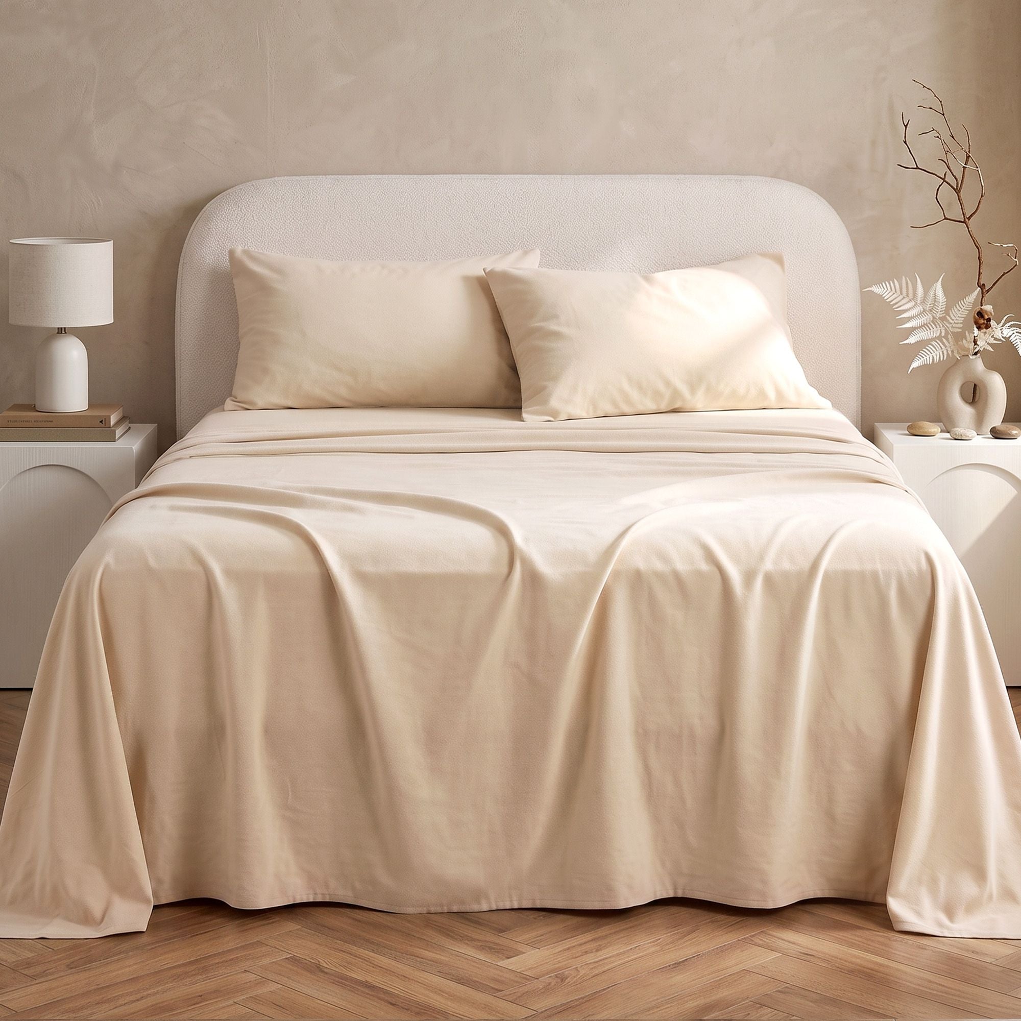 Queen Sheet Set 150 GSM Anti-pilling Micro Flannel, Fast Drying Lightweight 4 Piece, 40CM Deep Pocket Fits Thick Mattress, Cream White