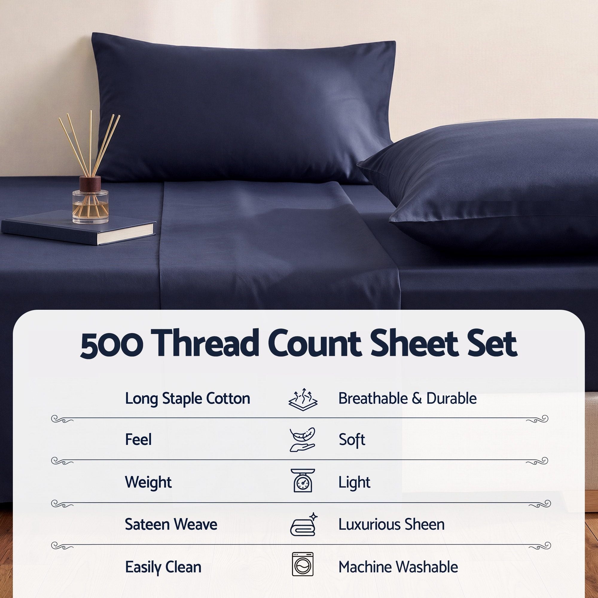 Double 500TC Cotton 4Pcs Sheet Set with 40cm Extra Deep Pocket for Thick Mattresses Sateen Weave for Sweaty Nights Navy Blue