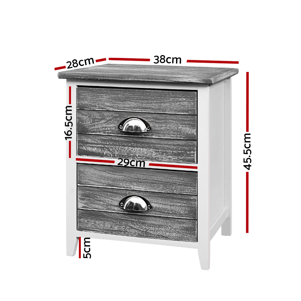 Set of 2 Vintage Style Bedside Tables - Grey & White