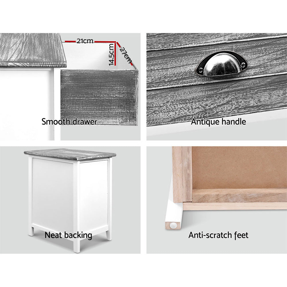 Set of 2 Vintage Style Bedside Tables - Grey & White