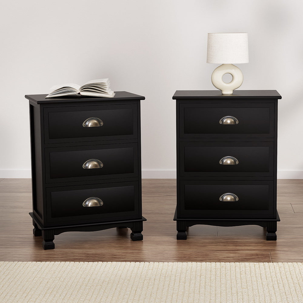 2x Bedside Table 3 Drawers Vintage - THYME Black