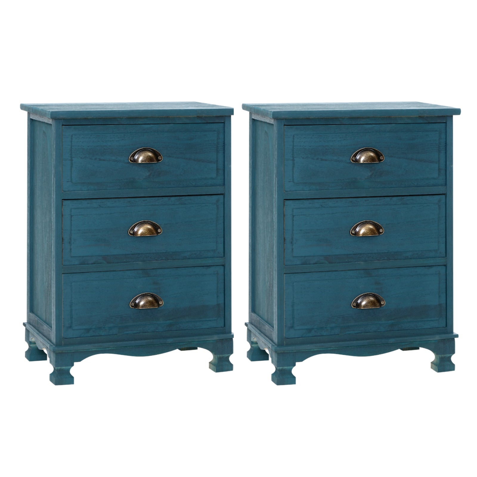 2x Bedside Table 3 Drawers Vintage - THYME Blue