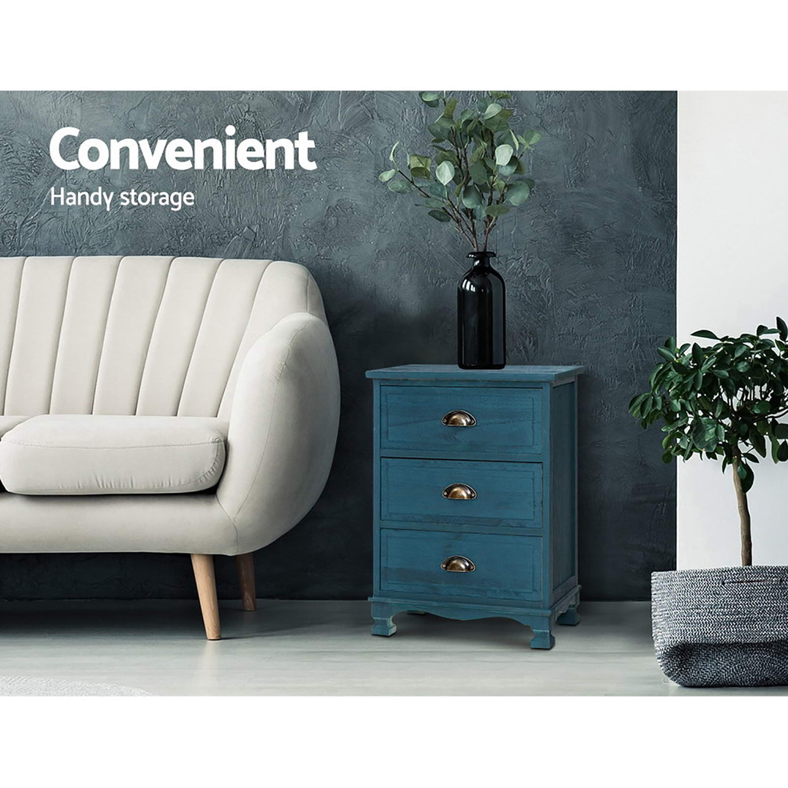 2x Bedside Table 3 Drawers Vintage - THYME Blue