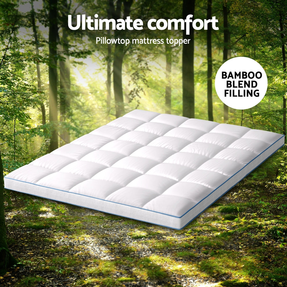 Mattress Topper Pillowtop Bamboo 10cm Queen with quilted pillowtop design and bamboo blend filling shown in forest setting