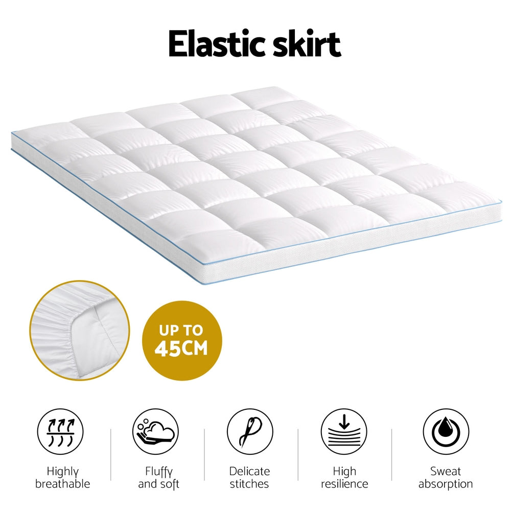 Mattress Topper Pillowtop Bamboo 10cm Queen with elastic skirt, diamond quilt, soft breathable fabric, and delicate stitching
