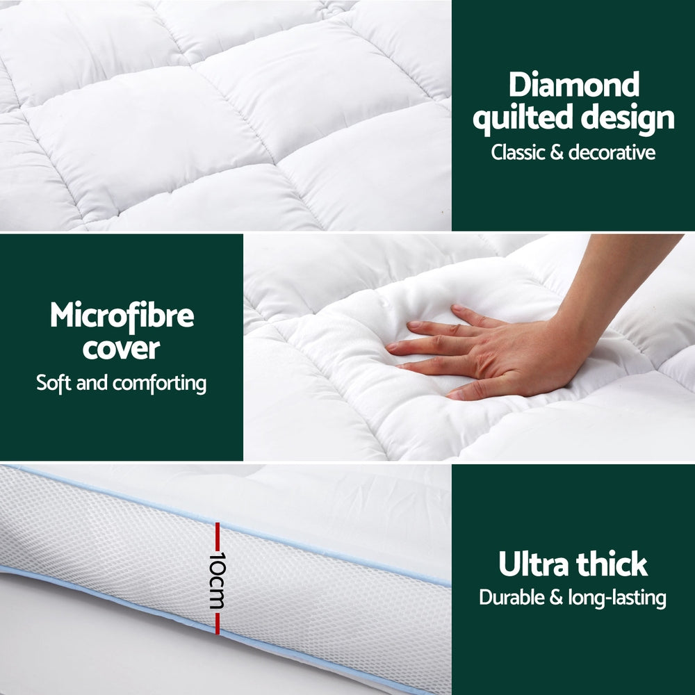 Mattress Topper Pillowtop Bamboo 10cm Queen with diamond quilted microfibre cover and ultra-thick durable padding