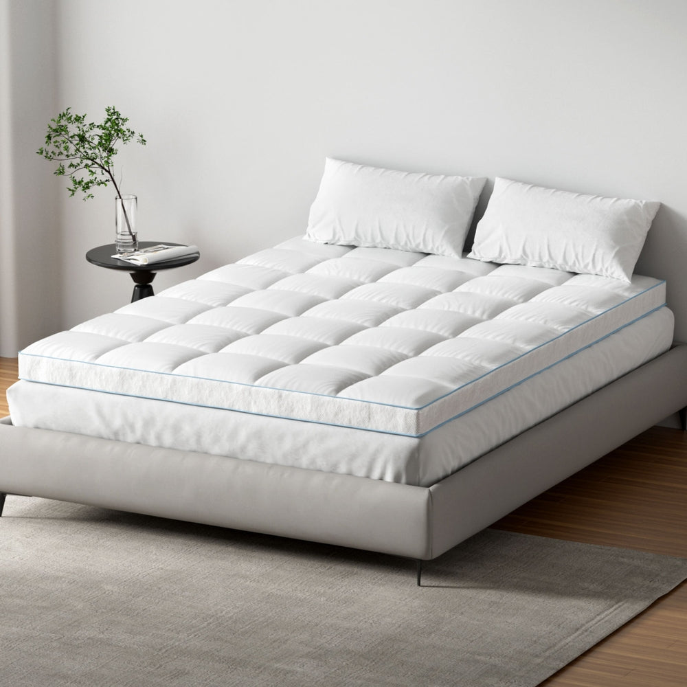 Mattress Topper Pillowtop Bamboo 10cm Queen on modern bed with white pillows and neutral bedroom setting