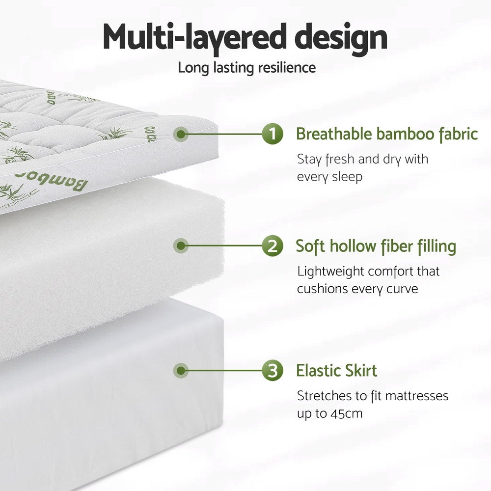 Multi-layered Mattress Topper 11cm Pillowtop toppers Bamboo King Single with breathable fabric, hollow fiber, and elastic skirt.