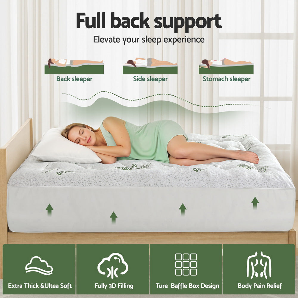 Woman lying on bed with Mattress Topper 5cm Pillowtop toppers Bamboo King showing full back support and ergonomic benefits
