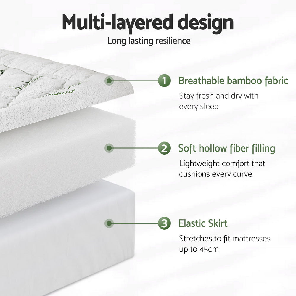 Multi-layered Mattress Topper 5cm Pillowtop toppers Bamboo King with breathable fabric, hollow fiber filling, and elastic skirt detailing